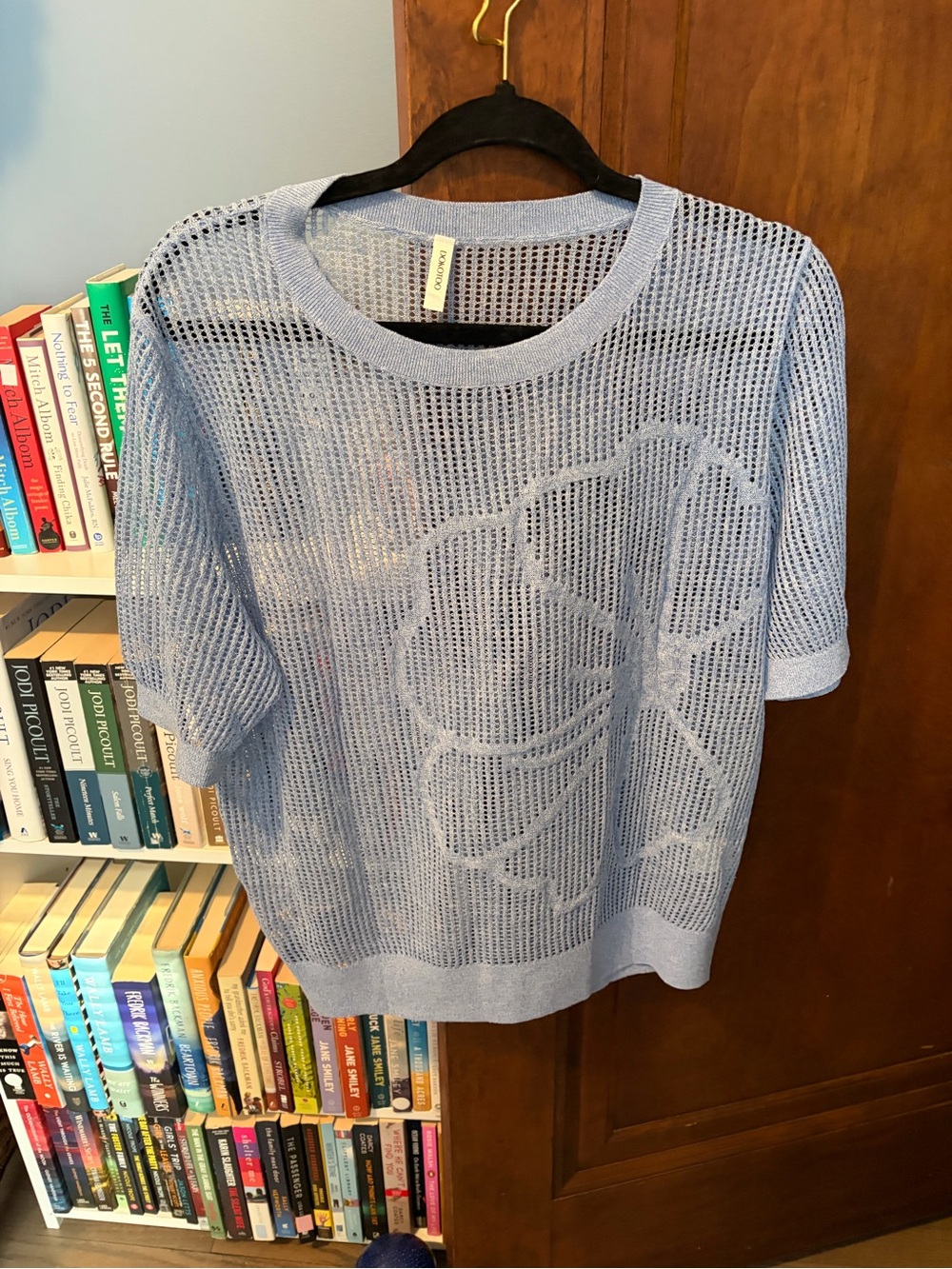 Light Blue Knit Floral-Pattern Short Sleeve Sweater